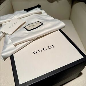 Gucci Black and Crème Shoe Box with Dust Bags. Elegant, Classic, Clean, Decor